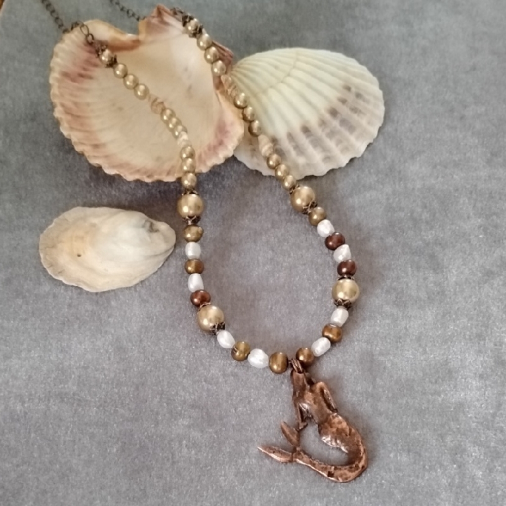 Hand Crafted Copper Mermaid Pendant, Pearl,And Shell Necklace